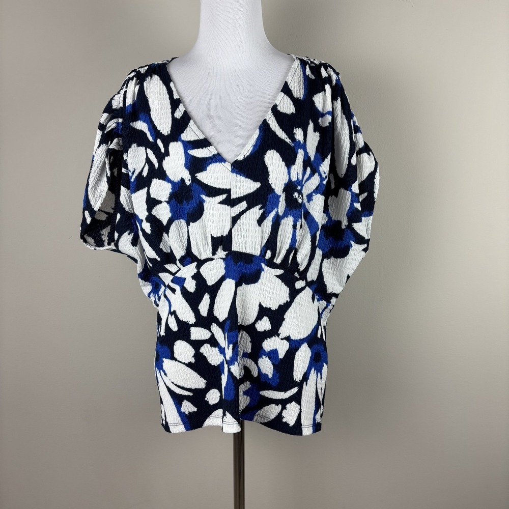 Loft Blouse Top Women XL Blue Abstract Short Scrunch Tie Short Sleeve V-Neck New